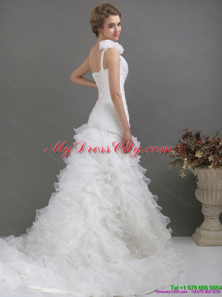 2015 Exquisite One Shoulder Wedding Dress with Ruching and Hand Made Flowers