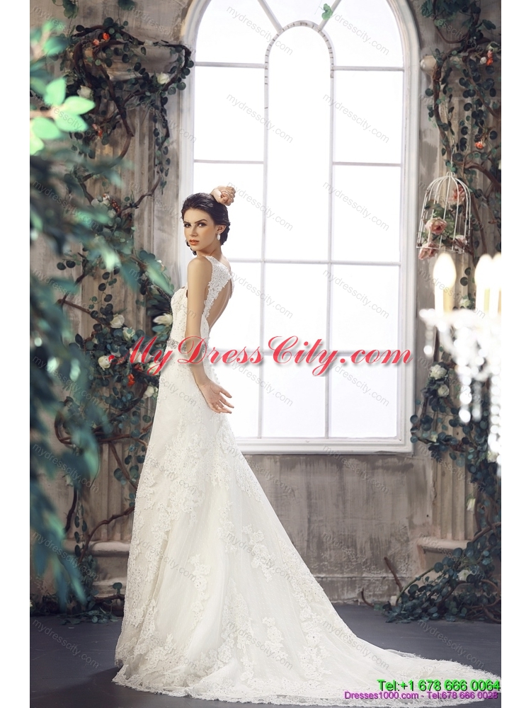 2015 Flirting Lace Straps Wedding Dresses with Court Train