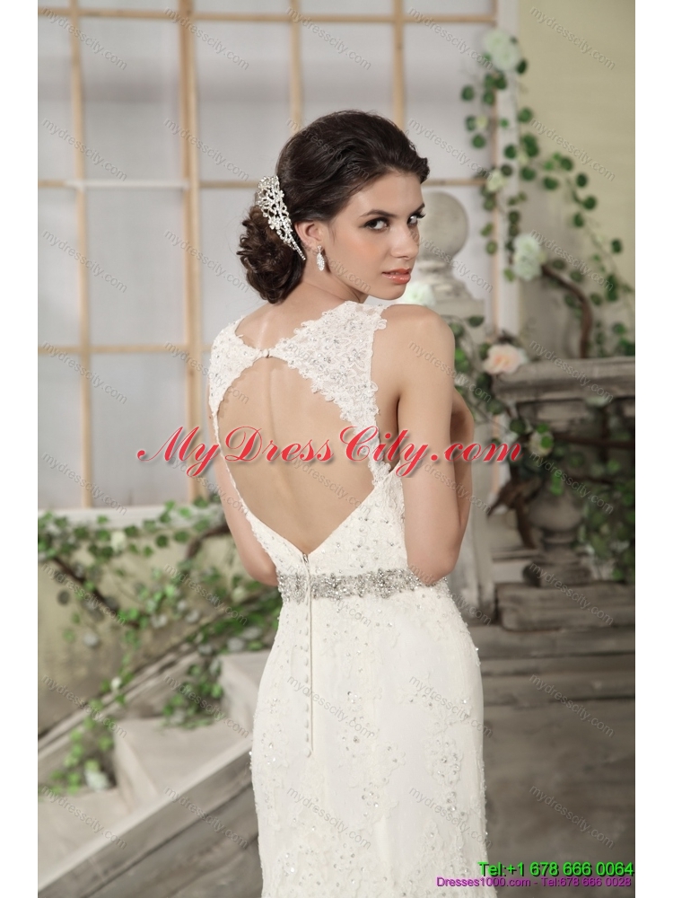 2015 Flirting Lace Straps Wedding Dresses with Court Train