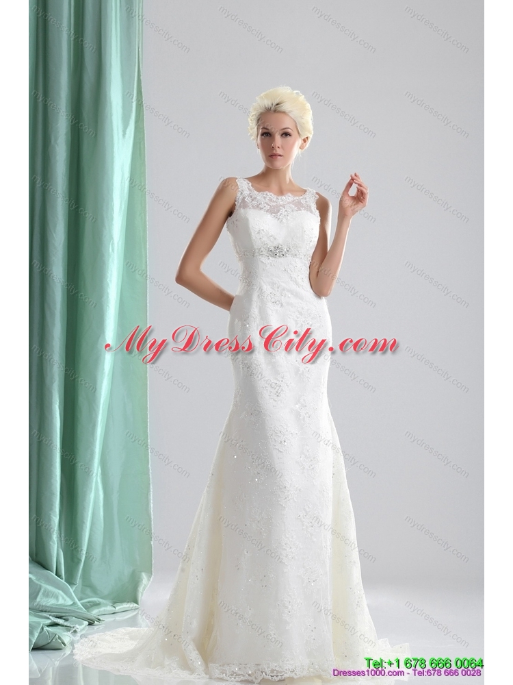 2015 New Style Lace and Beading Wedding Dress with Brush Train