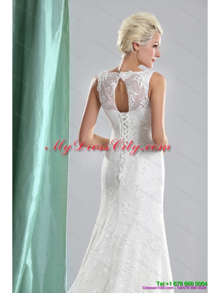 2015 New Style Lace and Beading Wedding Dress with Brush Train