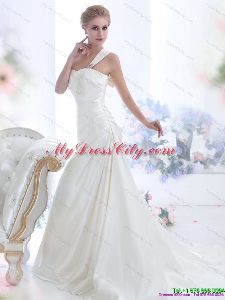 Perfect 2015 One Shoulder Wedding Dresses with Ruching and Bowknot