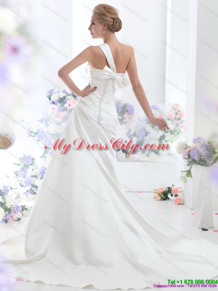 Perfect 2015 One Shoulder Wedding Dresses with Ruching and Bowknot