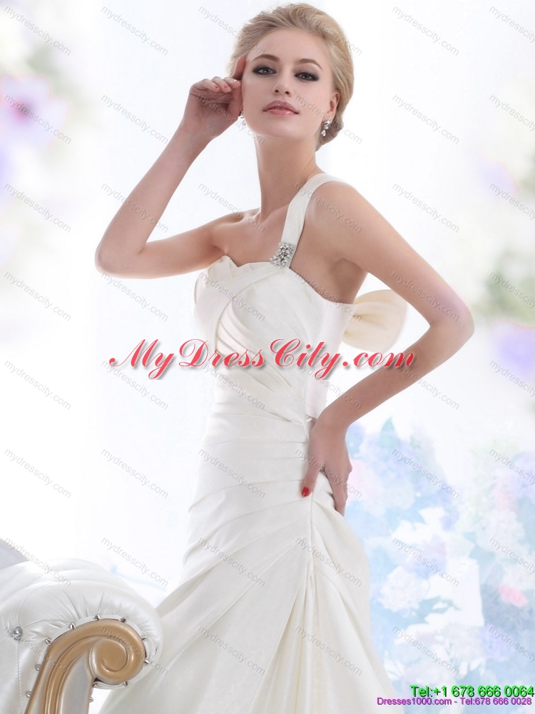 Perfect 2015 One Shoulder Wedding Dresses with Ruching and Bowknot