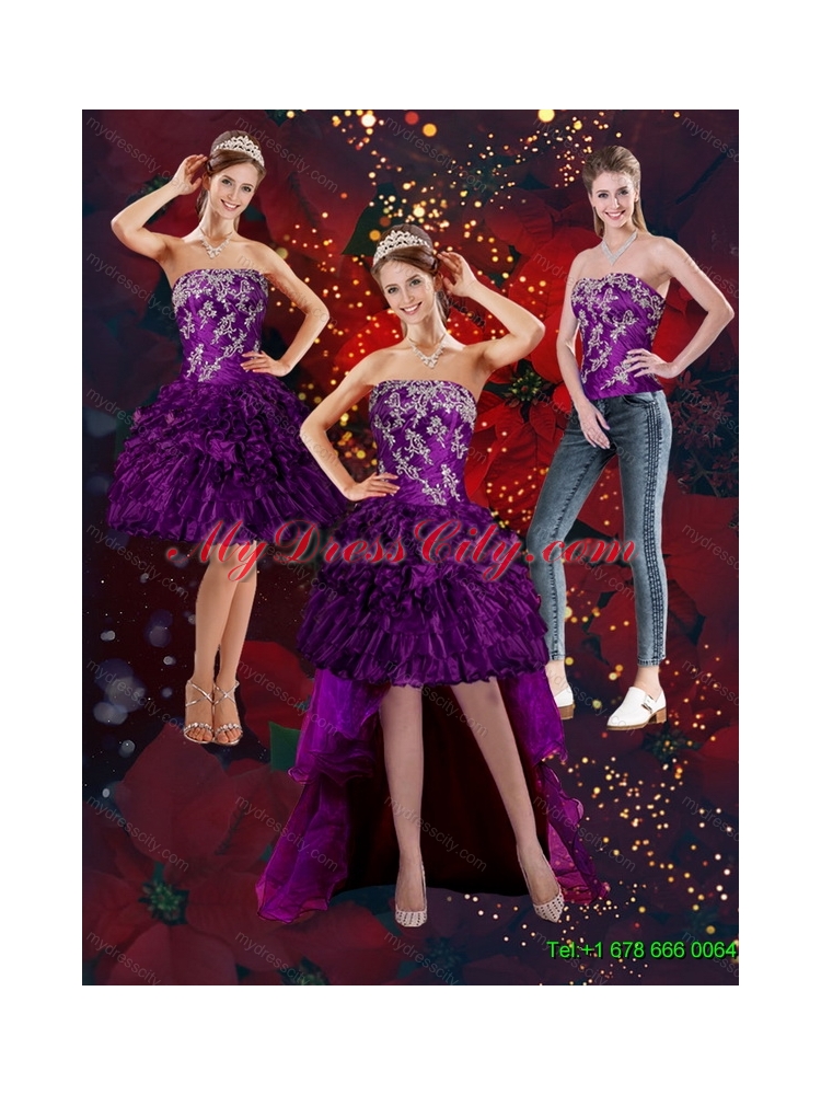 Detachable 2015 Beautiful Purple Strapless Prom Skirts with Embroidery and Ruffles