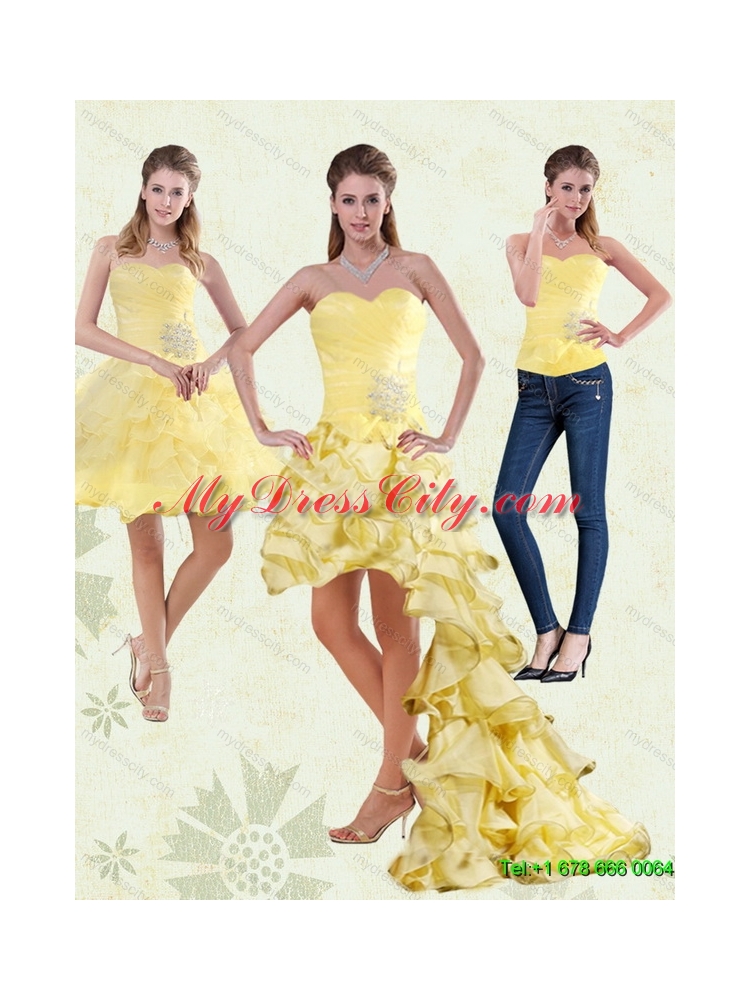 Detachable 2015 Yellow Sweetheart High Low Prom Skirts with Beading and Ruffled Layers