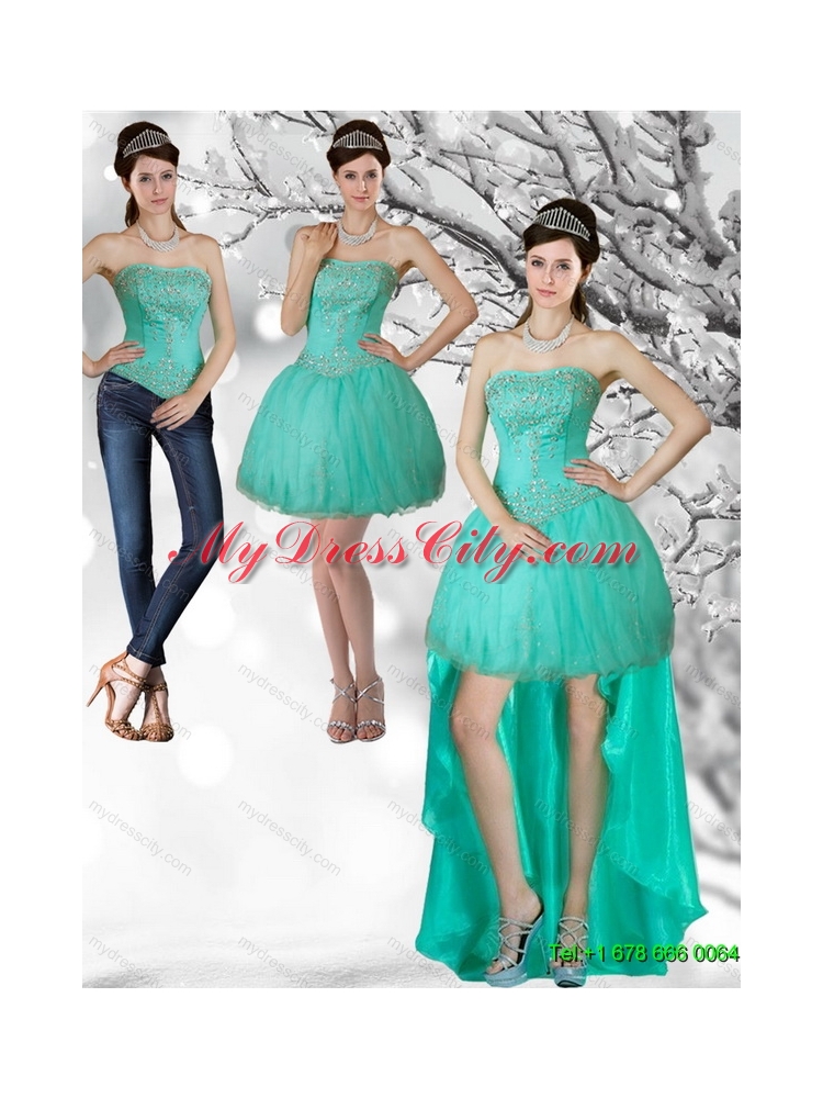 Detachable Apple Green Strapess High Low Prom Skirts with Beading