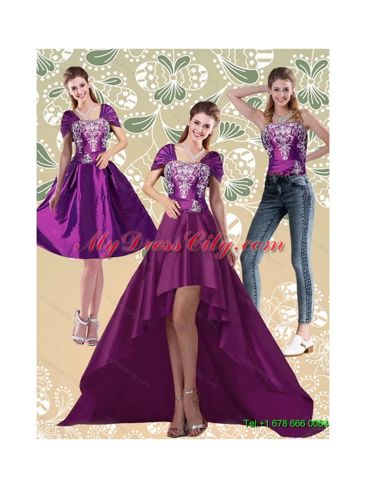 Detachable High Low Embroidery Dark Purple Prom Skirts for 2015