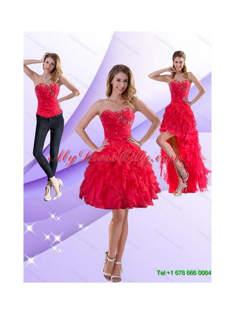 Perfect Strapless Red 2015 Detachable Prom Skirts with Ruffles and Beading