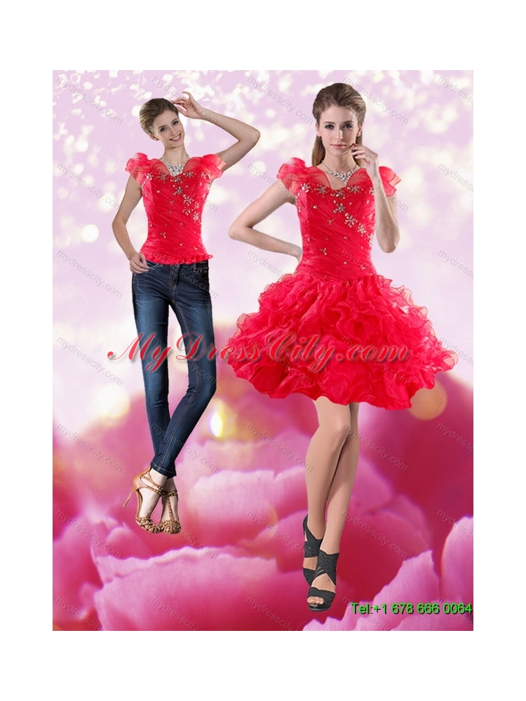 Detachable 2015 Knee Length Red Prom Skirts with Beading and Ruffles