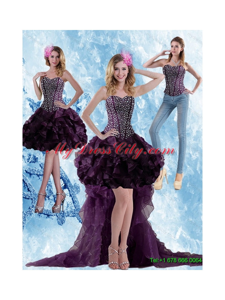 Detachable High Low Dark Purple Prom Skirts with Ruffled Layers and Beading