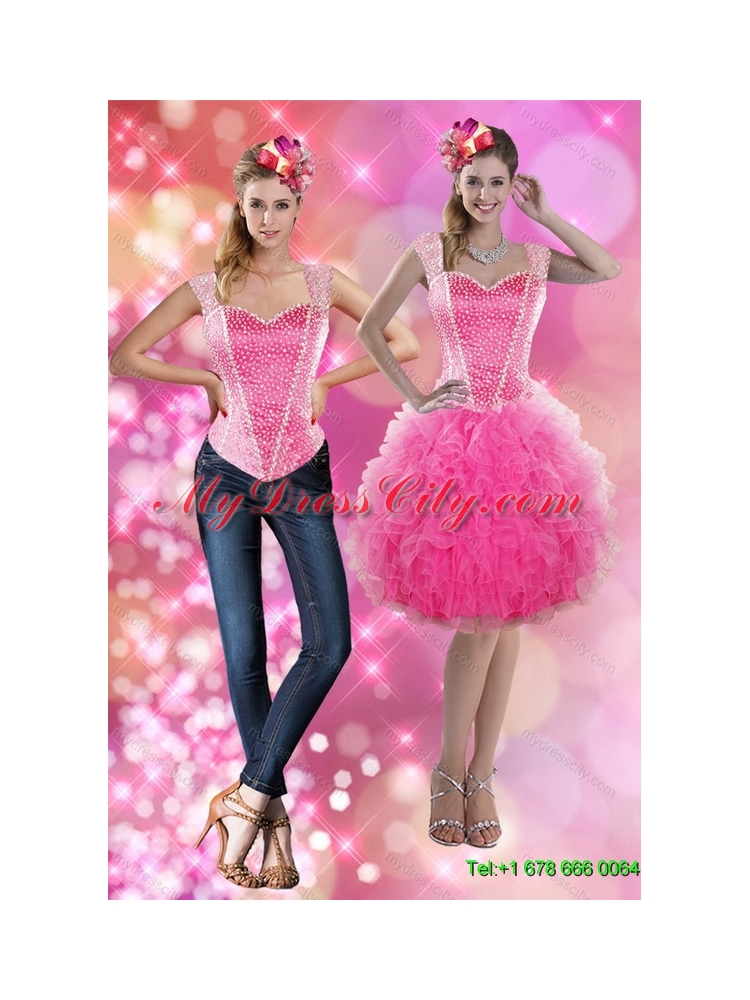 Detachable 2015 Straps Beading and Ruffles Short Prom Skirts in Pink