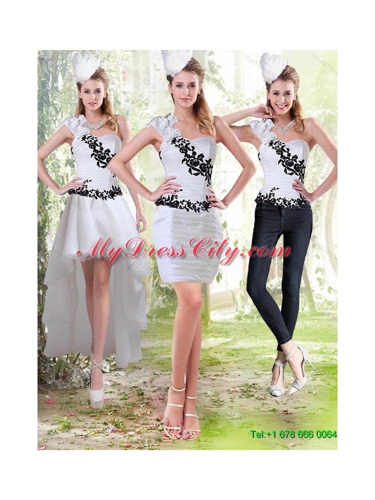 Detachable 2015 Column Sweetheart White Prom Skirts with Black Appliques