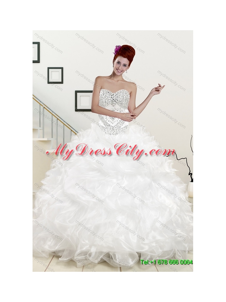 Perfect Beading White Sweetheart Quinceanera Gown and Sweetheart Short Dama Dresses and Beading and Ruffles Flower Girl Dress