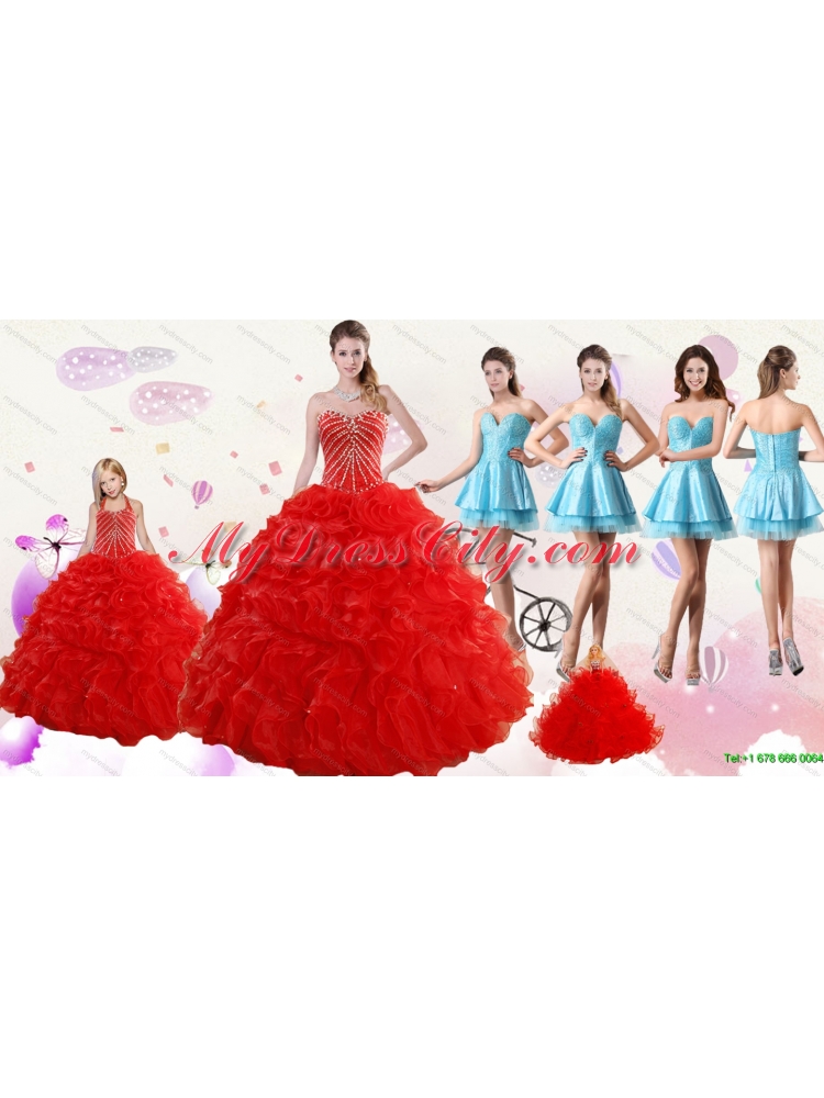 2015 Ruffled Red Quinceanera Gown and Light Blue Sweetheart Beading Prom Dresses and Halter Top Beaded Flower Girl Dress