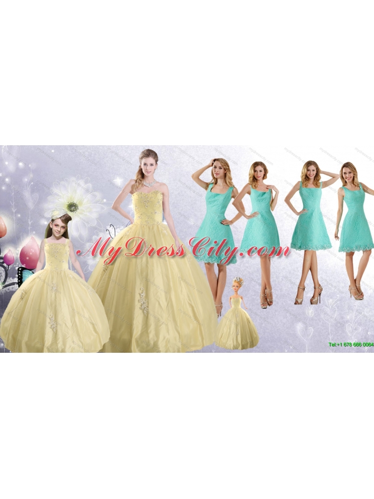 Champagne Ball Gown Quinceanera Dress and Square Knee Length Dama Dresses and Cute  Beading Little Girl Dress