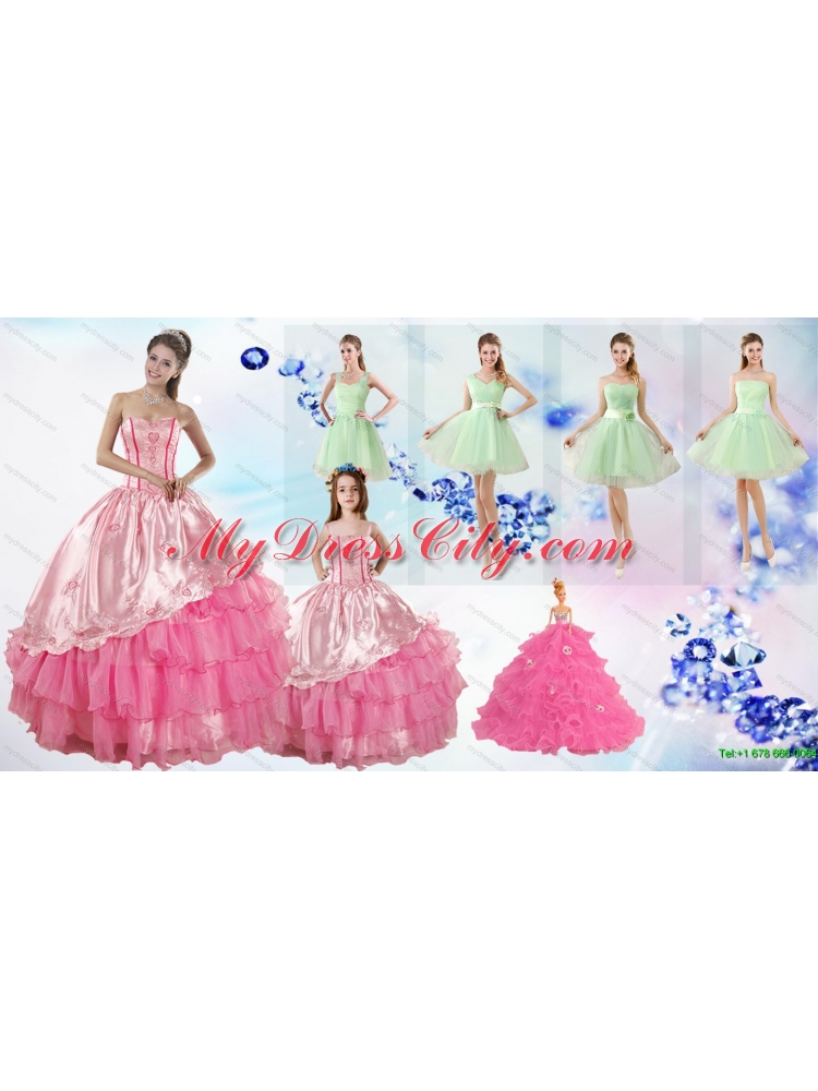 Ruffled Layers Sweetheart Quinceanera Dress and Ruching Apple Green Dama Dresses and Rose Pink Little Girl Dress