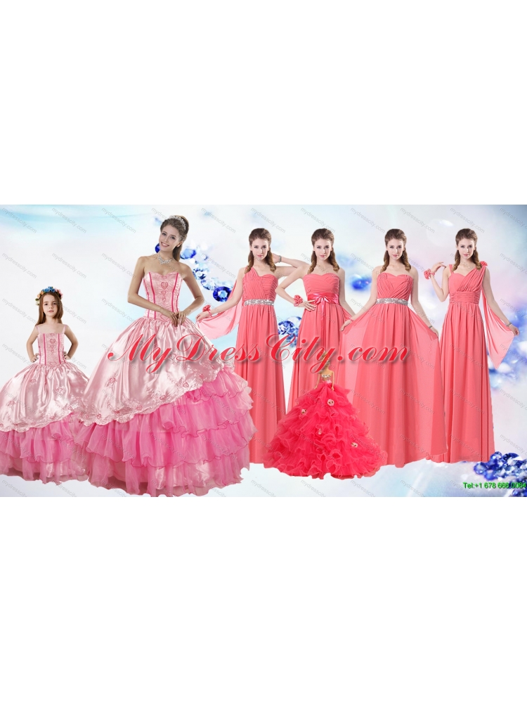 Ruffled Layers Sweetheart Quinceanera Dress and Watermelon Long Dama Dresses and Rose Pink Ball Gown Little Girl Dress