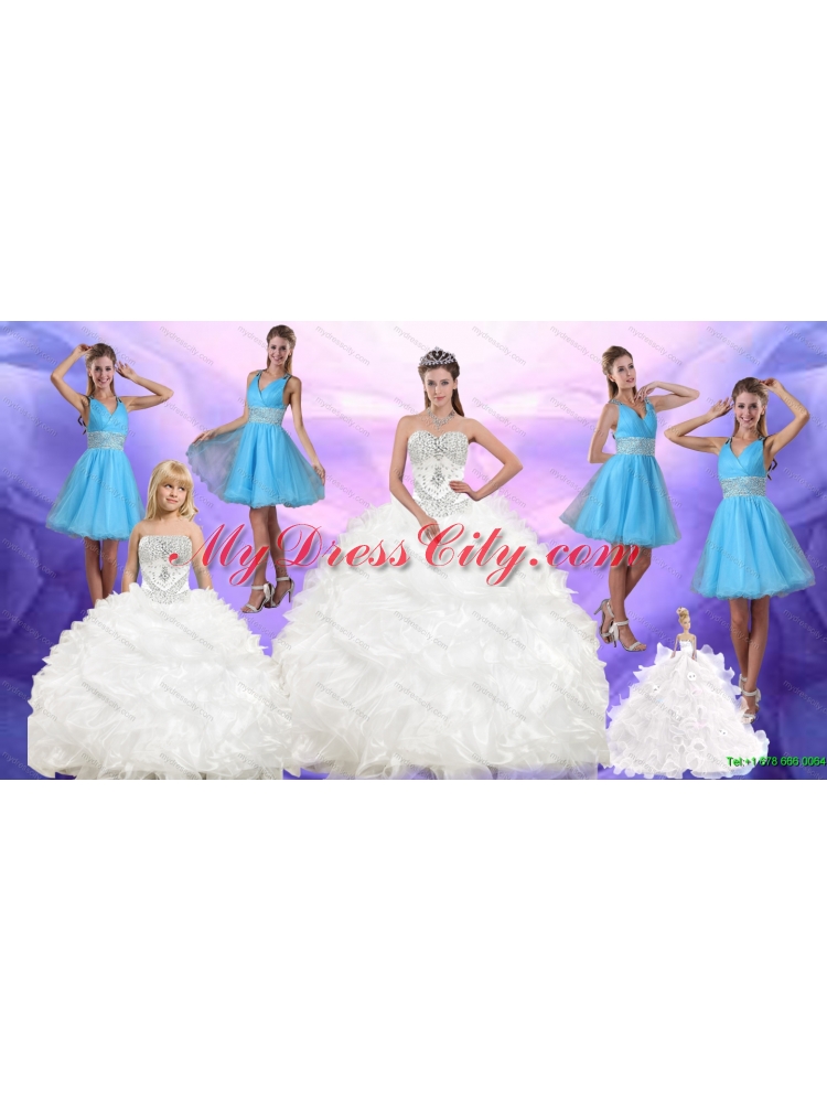 Ruffles and Beading White Quinceanera Dress and Baby Blue V Neck Dama Dresses and White Pageant Dresses for Little Girls