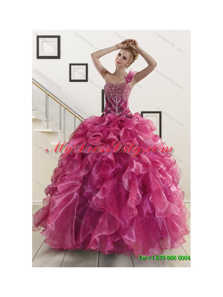 Ruffles One Shoulder Sweet 16 Dress and Red Long Beading Prom Dresses and Ball Gown Straps Beading Little Girl Dress