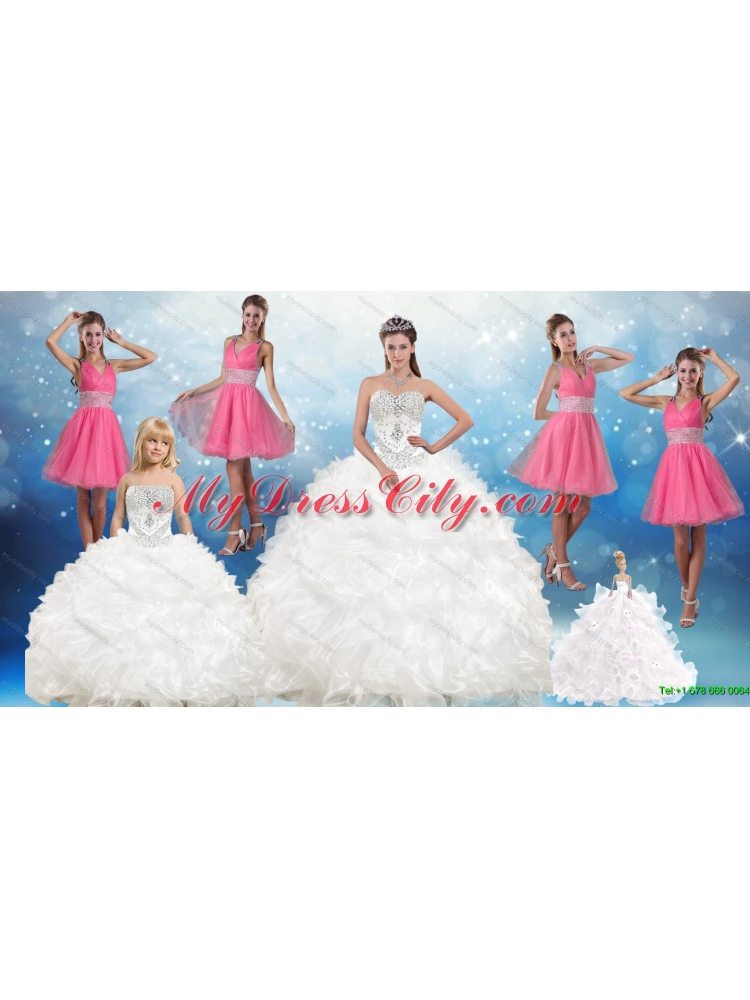 White Sweetheart Ruffles Quinceanera Dress and Sequins V Neck Pink Dama Dresses and Beading White Little Girl Dress