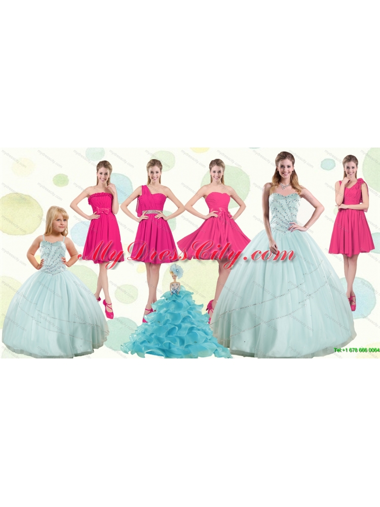 Apple Green Sweetheart Quinceanera Dress and Hot Pink Knee Length Prom Dresses and Beading and Ruffles Little Girl Dress