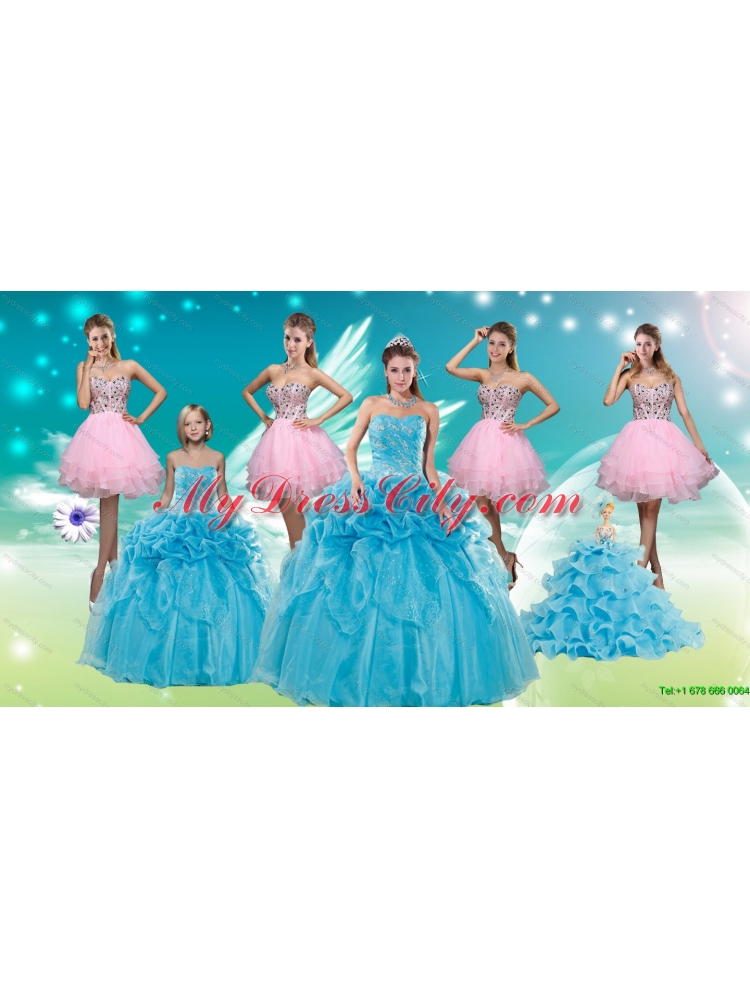 Baby Blue Ball Gown Pick Ups Quinceanera Dress and Beading Rose Pink Short Dama Dresses and Pick Ups Little Girl Dress