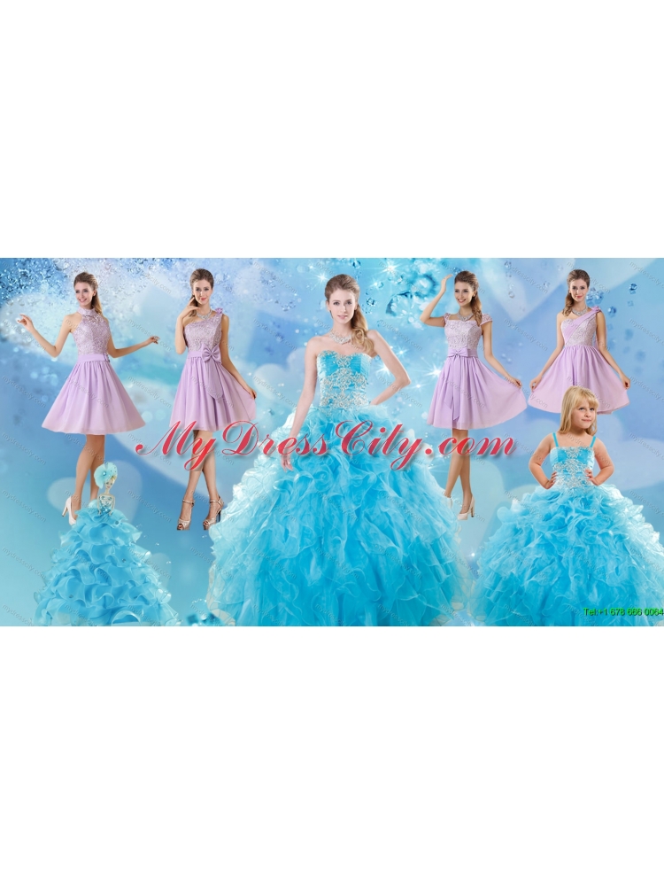 Baby Blue Ball Gown Ruffles Quinceanera Dress and Lilac Short Dama Dresses and Applique and Ruffles Little Girl Dress