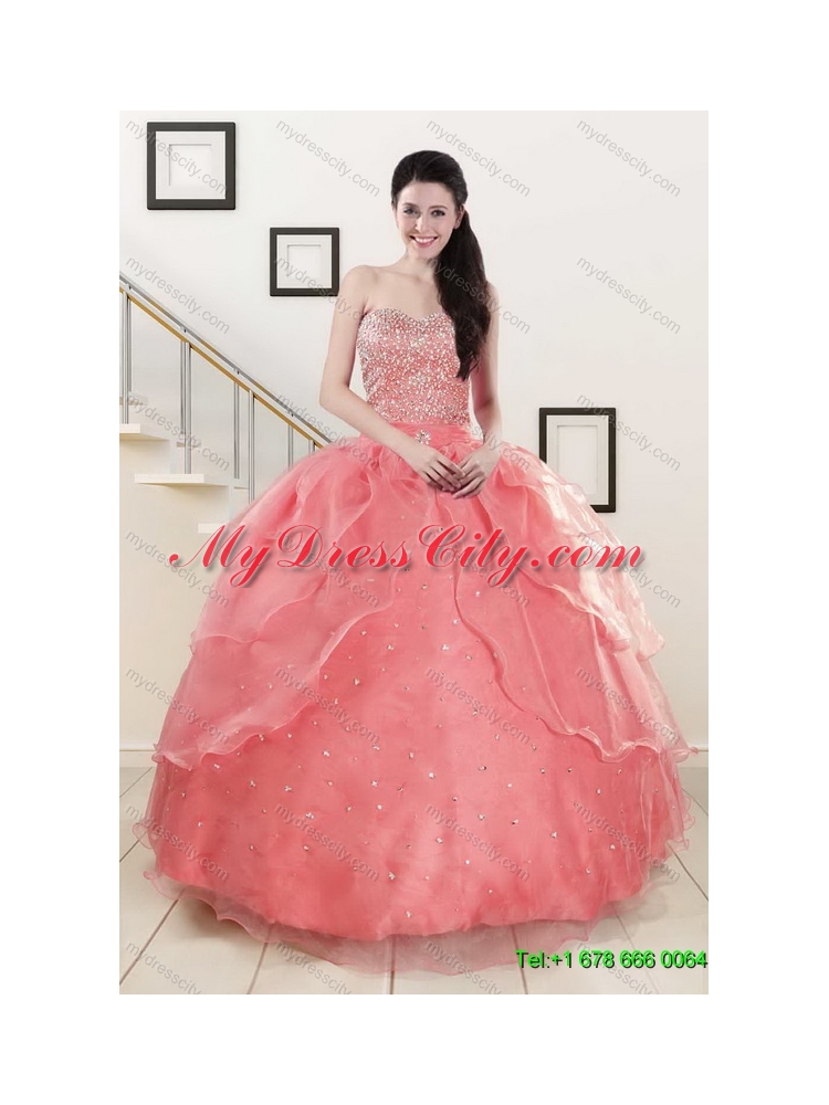 Beading Sweetheart 2015 Watermelon Quinceanera Dress and Strapless Knee Length Prom Dresses and Watermelon Halter Top Little Girl Dress