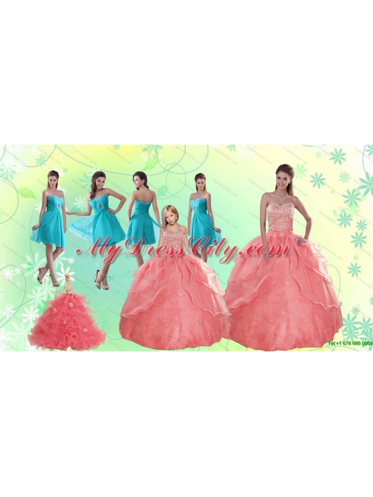 Beading Watermelon Quinceanera Gown and Baby Blue Short Dama Dresses and Halter Top Watermelon Little Girl Dress