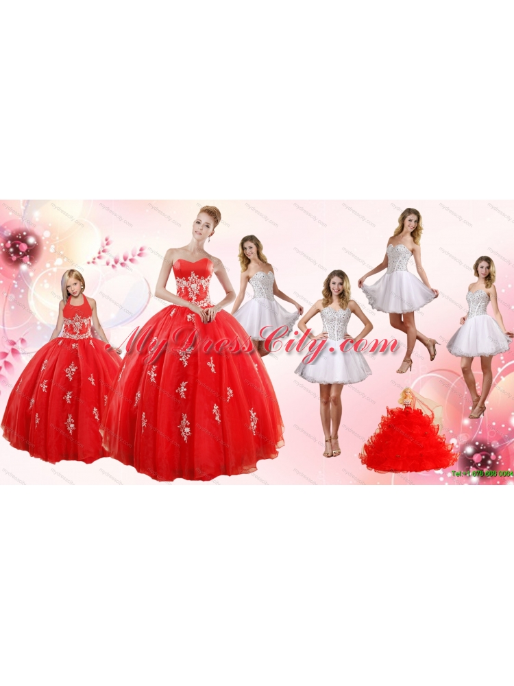 Red Ball Gown Appliques Quinceanera Dress and Short Beading White Dresses and Red Halter Top Little Girl Dress