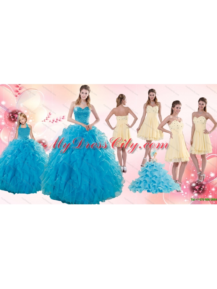 Teal Sweetheart Ruffles Quinceanera Gown and Sweetheart Short Dama Dresses and Teal Halter Top Flower Girl Dress