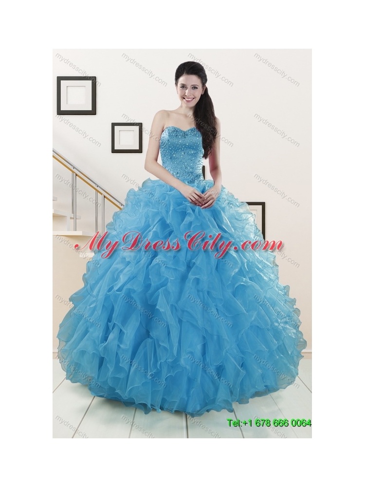 Teal Sweetheart Ruffles Quinceanera Gown and Sweetheart Short Dama Dresses and Teal Halter Top Flower Girl Dress