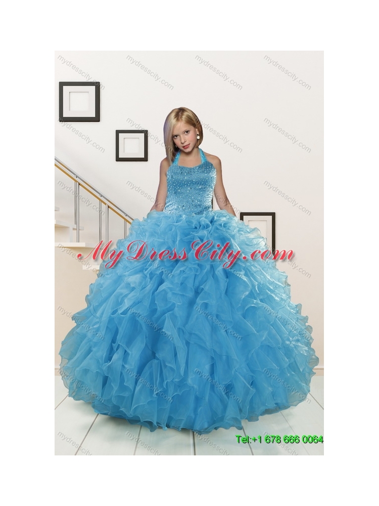 Teal Sweetheart Ruffles Quinceanera Gown and Sweetheart Short Dama Dresses and Teal Halter Top Flower Girl Dress