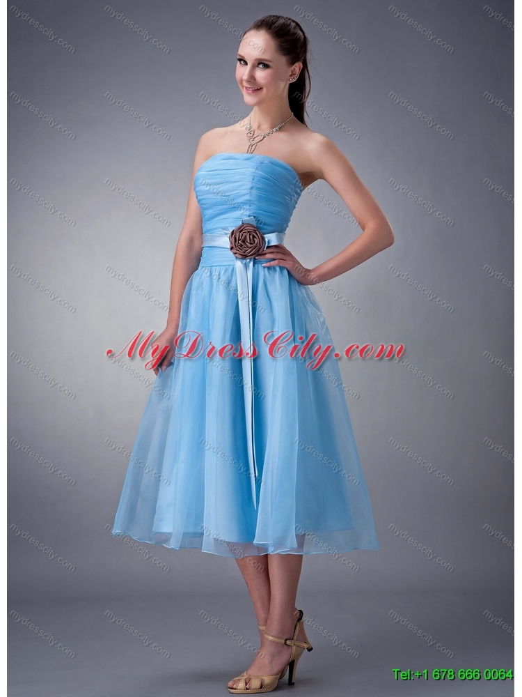 Beading and Ruffles Quinceanera Dress and Strapless Knee Length Baby Blue Dama Dresses and Rufles Cute Flower Girl Dress