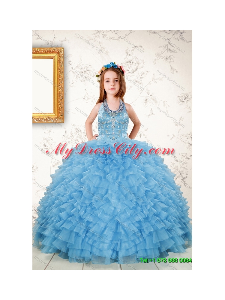 Beading Floor Length Quinceanera Dress and Champagne Short Prom Dresses and Ruffles Halter Top Pageant Dresses for Little Girl