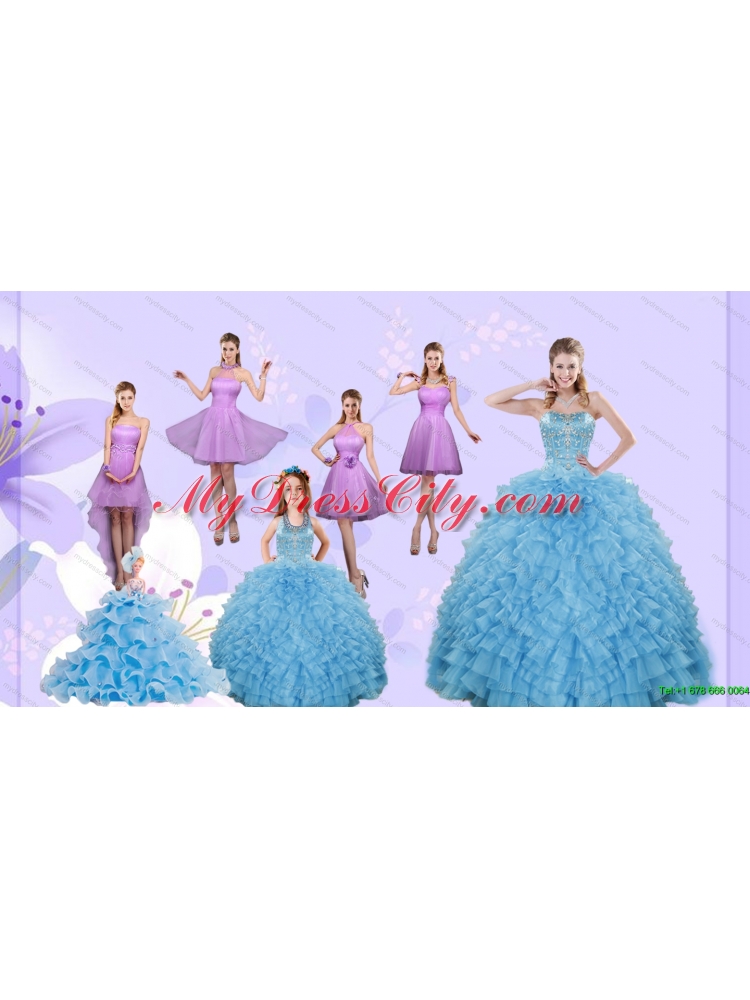 Beading Pretty Aqua Blue Quinceanera Gown and Lilac Short Dama Dresses and Halter Top Ruffles Pageant Dresses for Little Girl