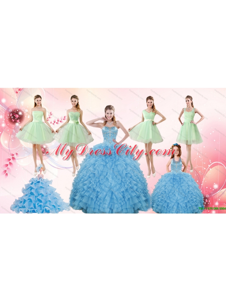 Ruffles Beading Ball Gown Quinceanera Dress and Sash Short Apple Green Dama Dresses and  Halter Top Little Girl Dress