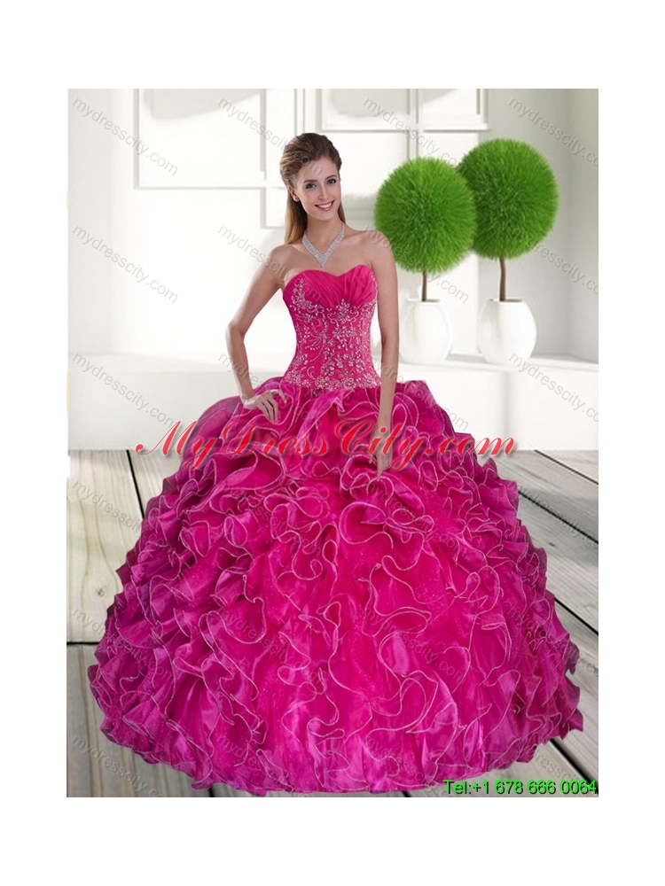 2015 Best Hot Pink Quinceanera Dresses with Ruffles and Appliques