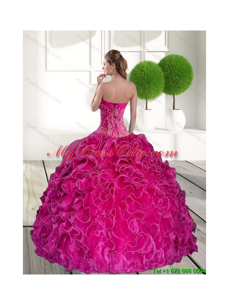 2015 Best Hot Pink Quinceanera Dresses with Ruffles and Appliques