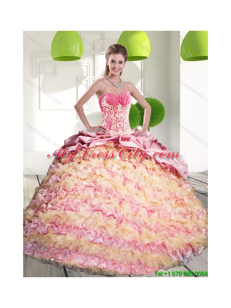 2015 Best Quinceanera Dresses with Ruffled Layers and Appliques