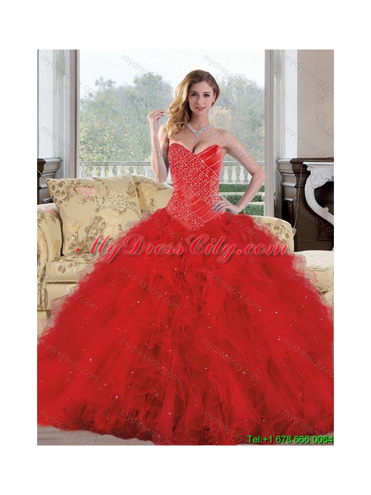 2015 Best Sweetheart Red Quinceanera Dresses with Appliques and Ruffles