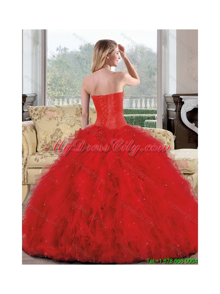 2015 Best Sweetheart Red Quinceanera Dresses with Appliques and Ruffles