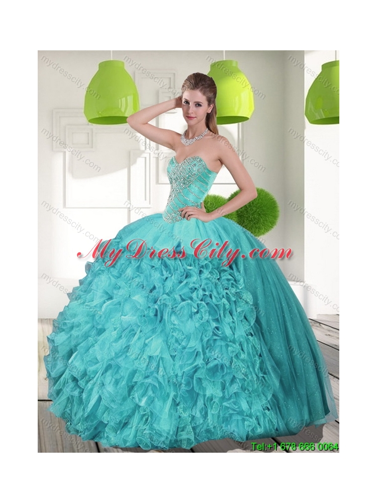 Discount Beading and Ruffles Strapless Aqua Blue Quinceanera Dresses for 2015