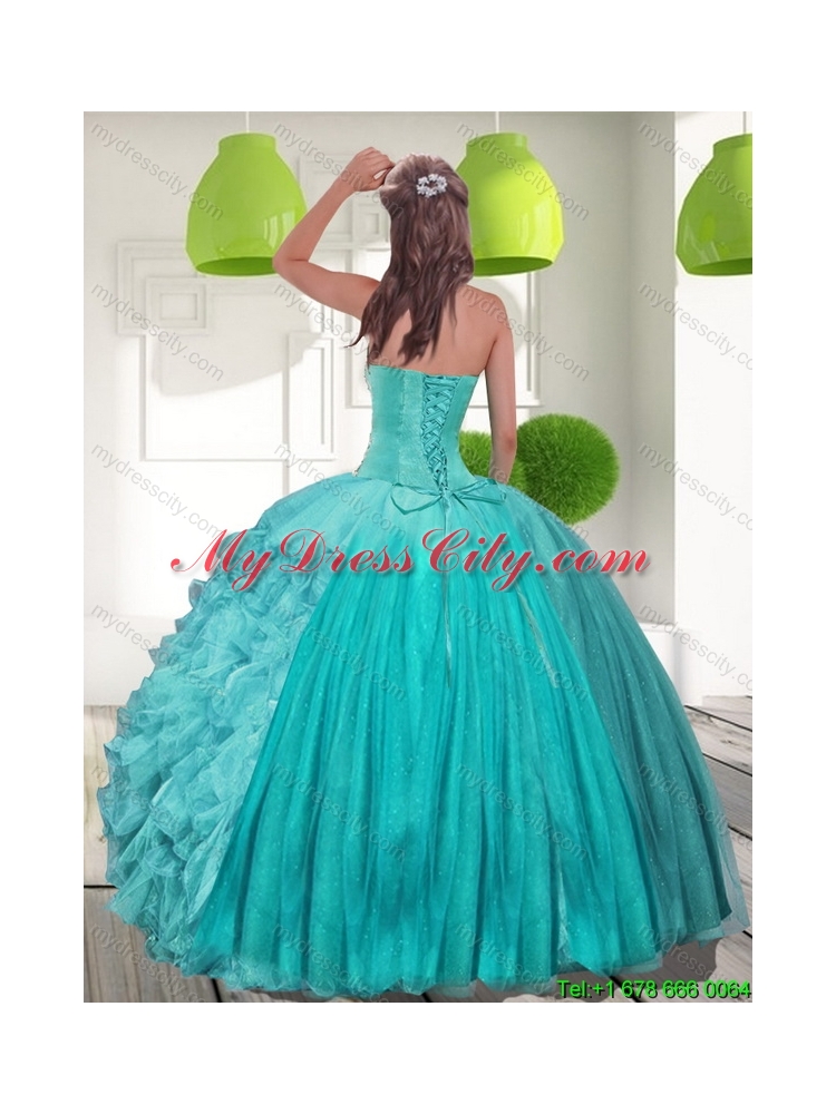 Discount Beading and Ruffles Strapless Aqua Blue Quinceanera Dresses for 2015