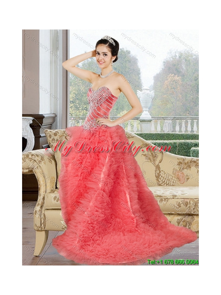 Designer 2015 Appliques and Ruffles Prom Dress in Watermelon