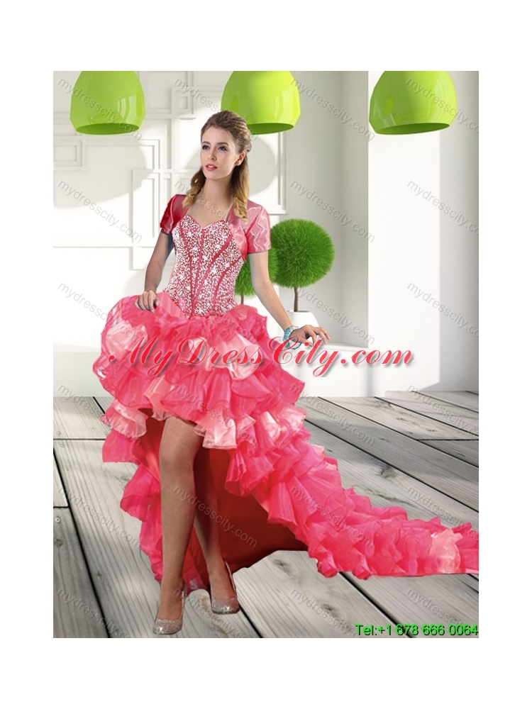 Designer Coral Red High-low Prom Dresses with Beading and Ruffled Layers