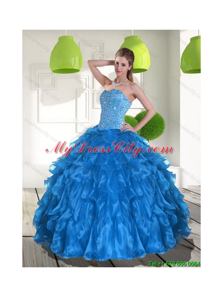 2015 Designer Blue Quinceanera Dress with Ruffles and Beading