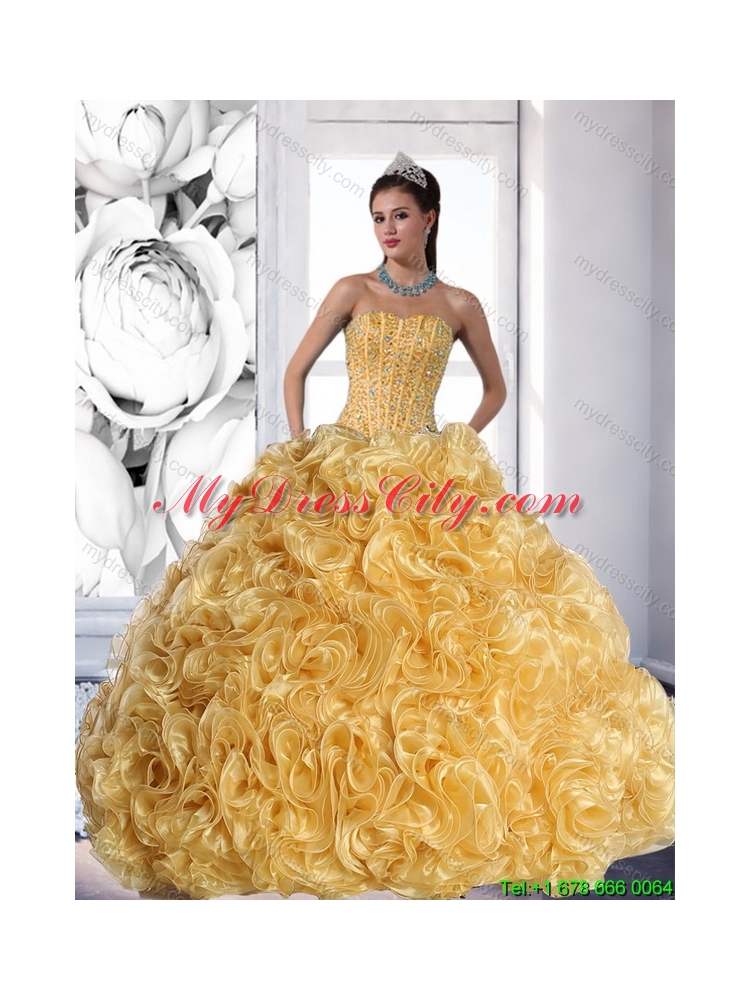 Designer Strapless Gold 2015 Quinceanera Dresses with Beading and Rolling Flowers