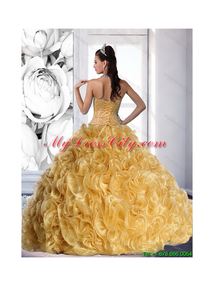 Designer Strapless Gold 2015 Quinceanera Dresses with Beading and Rolling Flowers